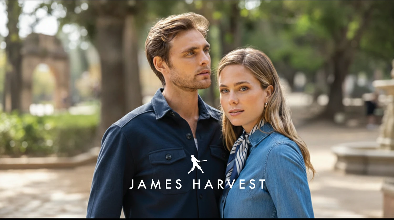 James Harvest Markenkampagne mit zwei Personen in dunkelblauer Kleidung