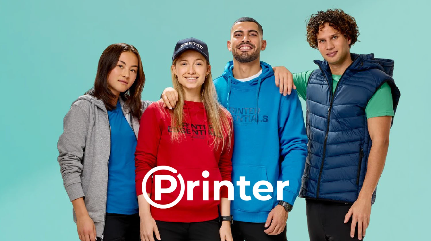 Printer-Markenkampagne mit vier Personen in Freizeit- und Teamkleidung