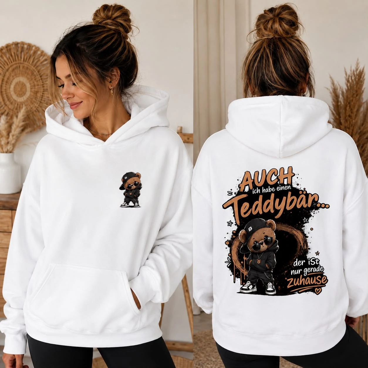 Weißer Hoodie mit kleinem Brustmotiv und großem Rückenmotiv als DTF-Druck