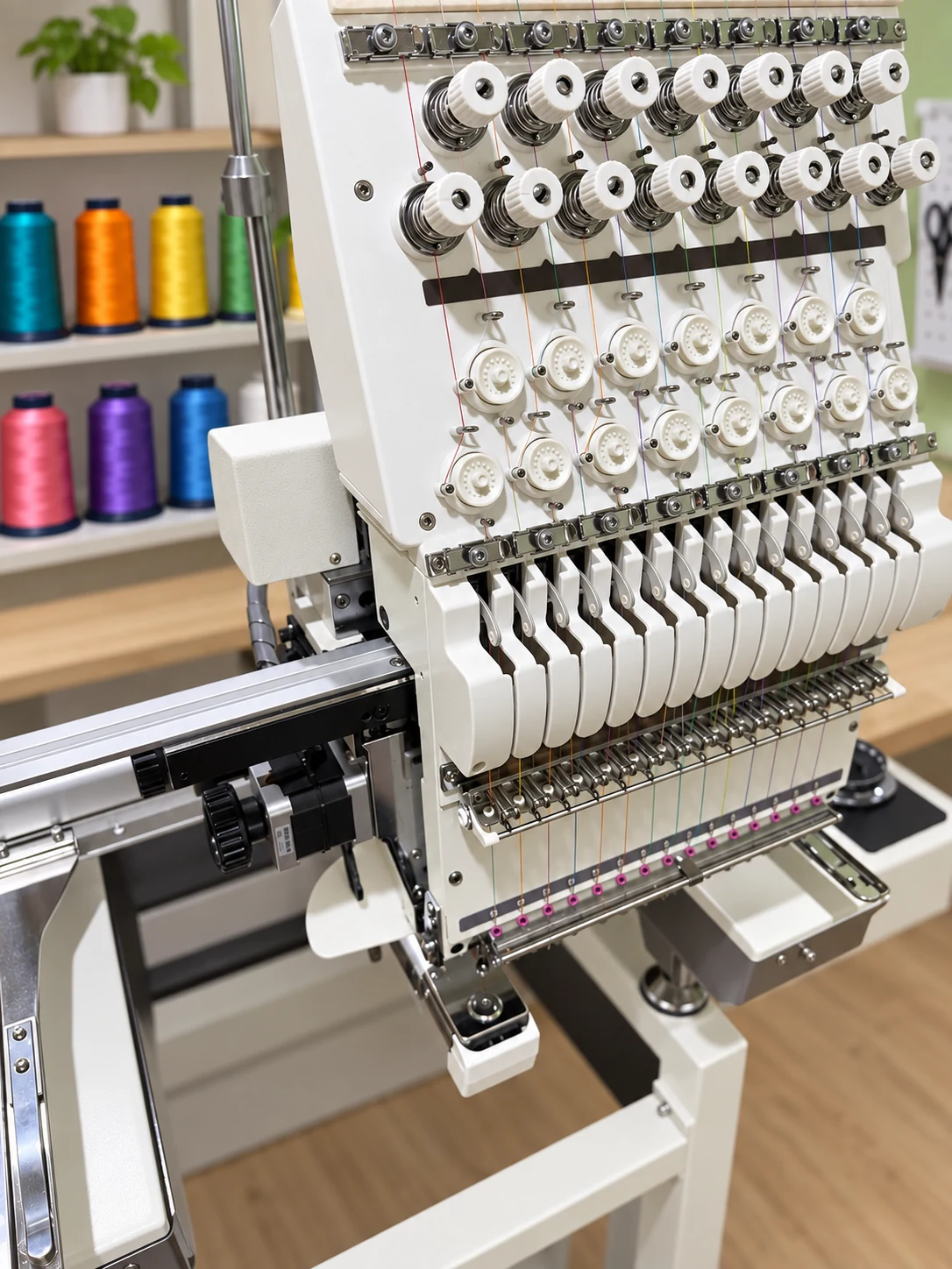 Mehrnadel-Stickmaschine mit farbigen Garnrollen im Atelier